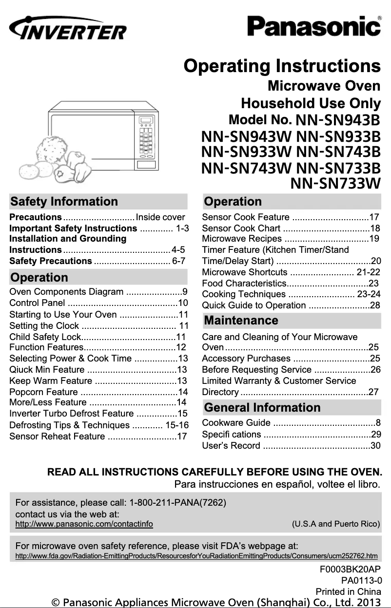 Page 1 de la notice Manuel utilisateur Panasonic NN-SN933W