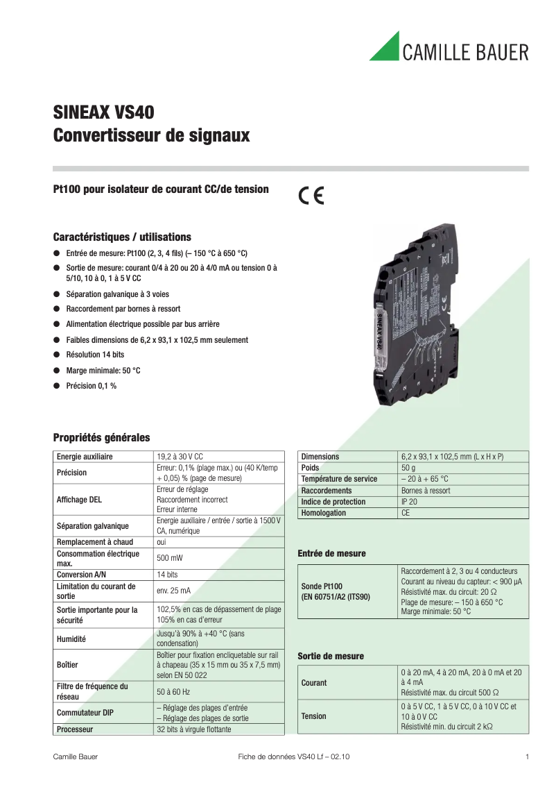 Page 1 de la notice Fiche technique Camille Bauer SINEAX VS40