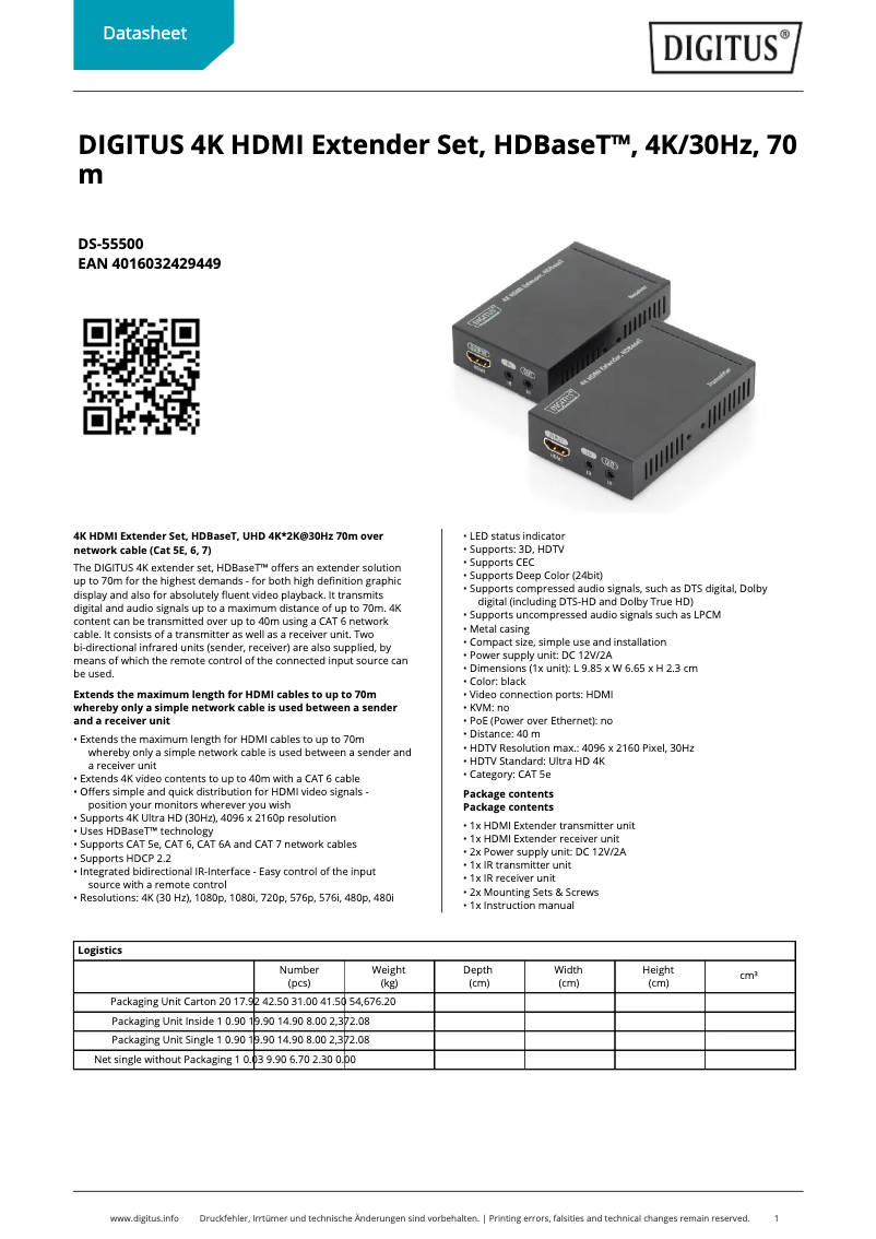 Page 1 de la notice Fiche technique Digitus DS-55500