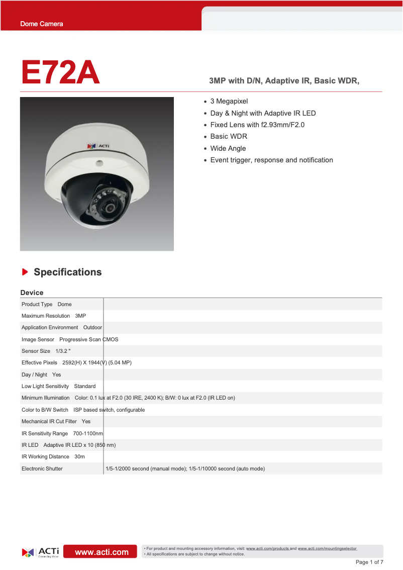 Page n°1 - Fiche technique ACTi E72A