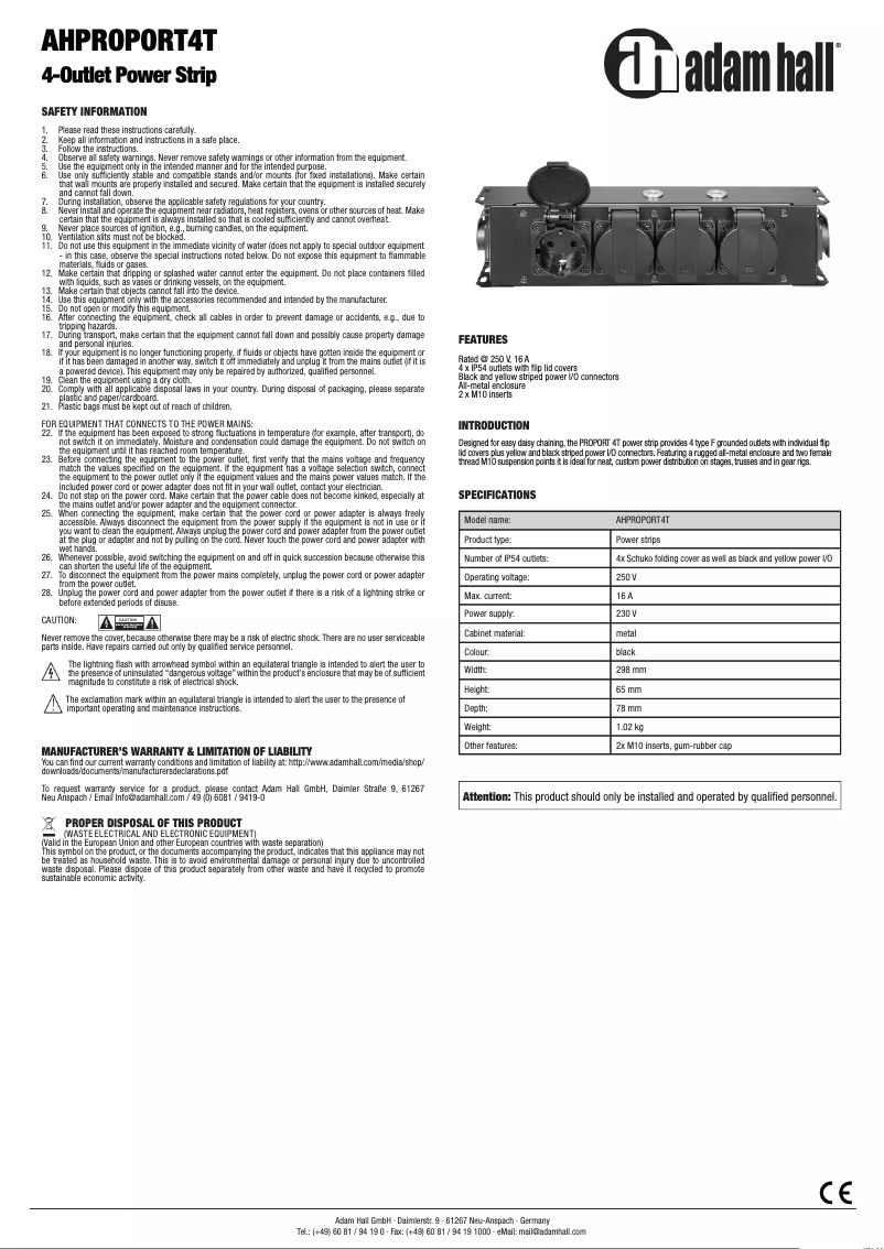 Página 1 del manual Manual de usuario Adam Hall AHPROPORT4T