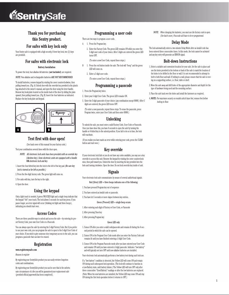 Page n°1 - Manuel utilisateur SentrySafe T8-311