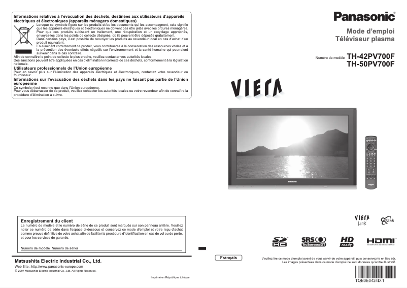 Página 1 del manual Manual de usuario Panasonic Viera TH-42PV700F