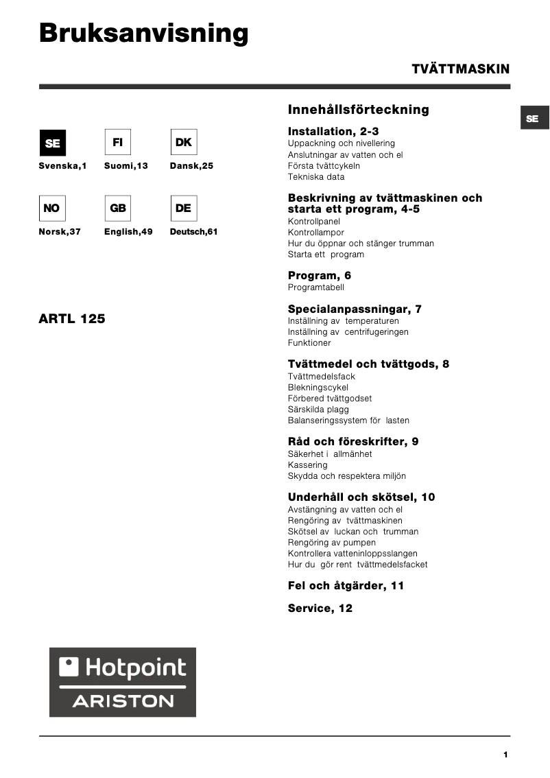 Page 1 de la notice Manuel utilisateur Hotpoint Ariston ARTL 125 SK