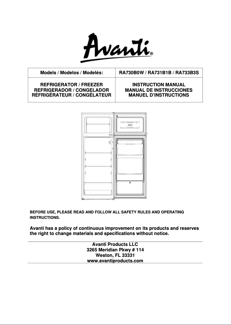 Page n°1 - Manuel utilisateur Avanti RA730B0W