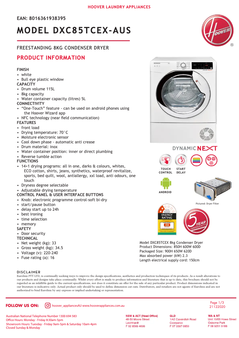 Page n°1 - Fiche technique Hoover DX C85TCEX-AUS