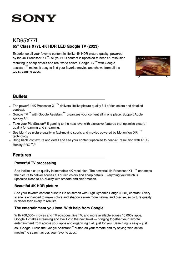Page n°1 - Fiche technique Sony KD-65X77L