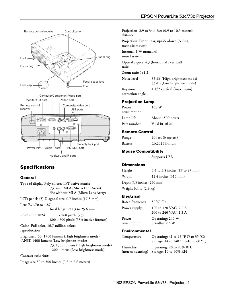 Page 1 de la notice Fiche technique Epson PowerLite 73c