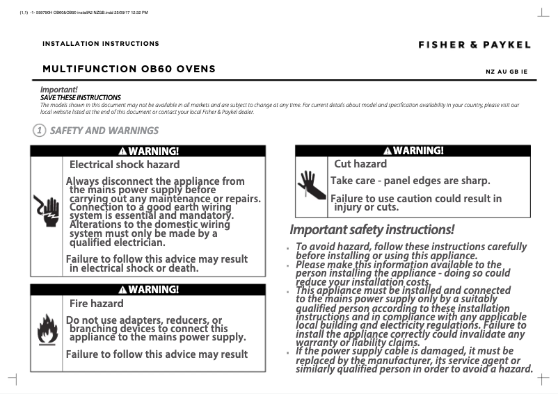 Page 1 de la notice Guide d'installation Fisher & Paykel OB60B77DEX3