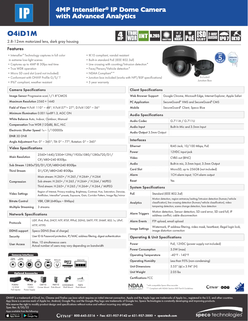 Página 1 del manual Ficha técnica Speco Technologies O4ID1M