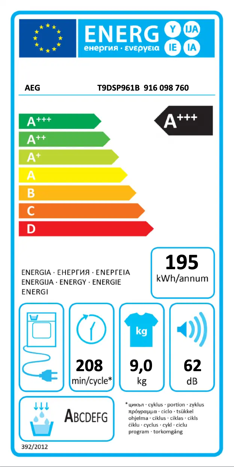 Page n°1 - Label énergétique AEG T9DSP961B