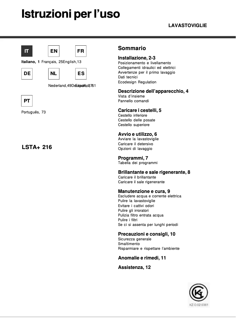 Page 1 de la notice Manuel utilisateur Hotpoint LSTA+ 216 A/HA