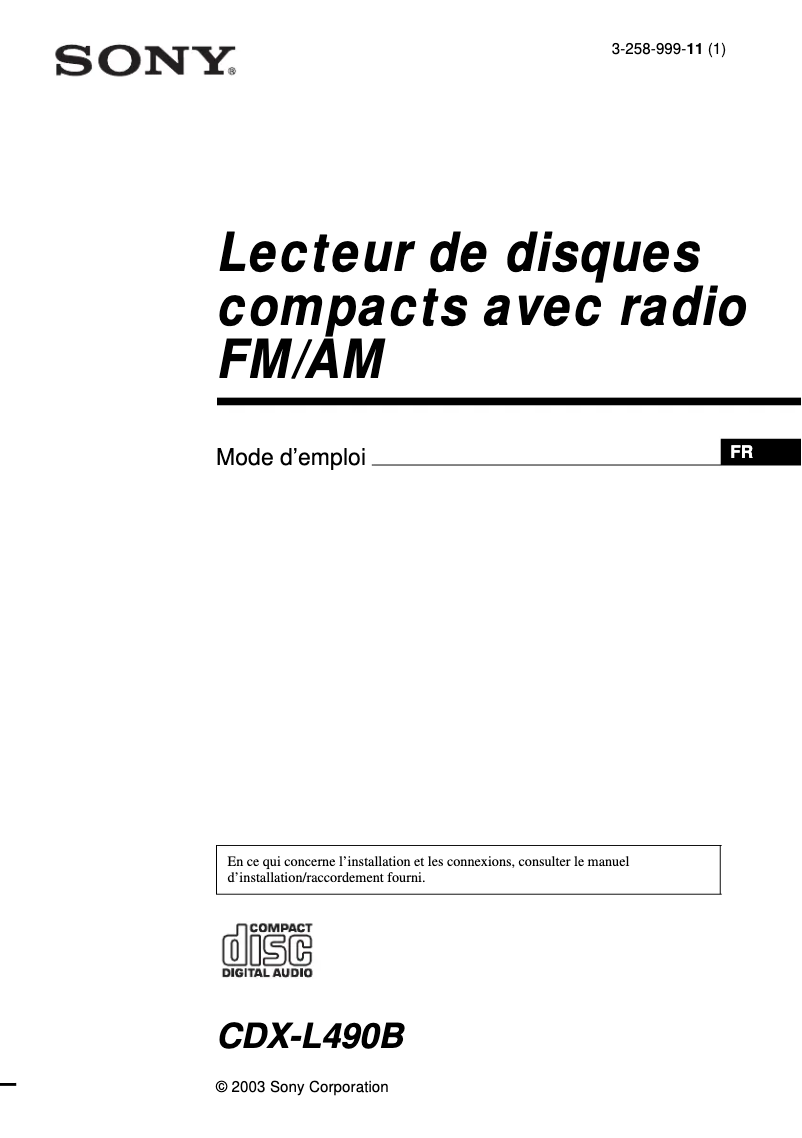 Page 1 de la notice Guide d'installation Sony CDX-L490B