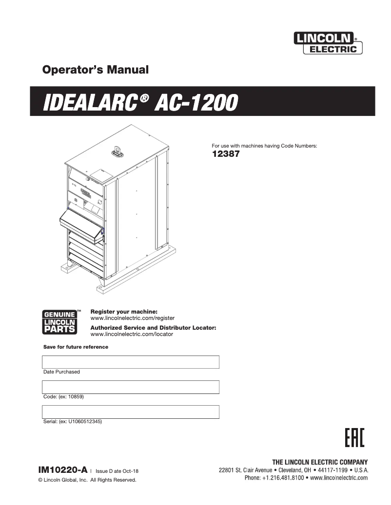 Page 1 de la notice Manuel utilisateur Lincoln Electric Idealarc AC1200