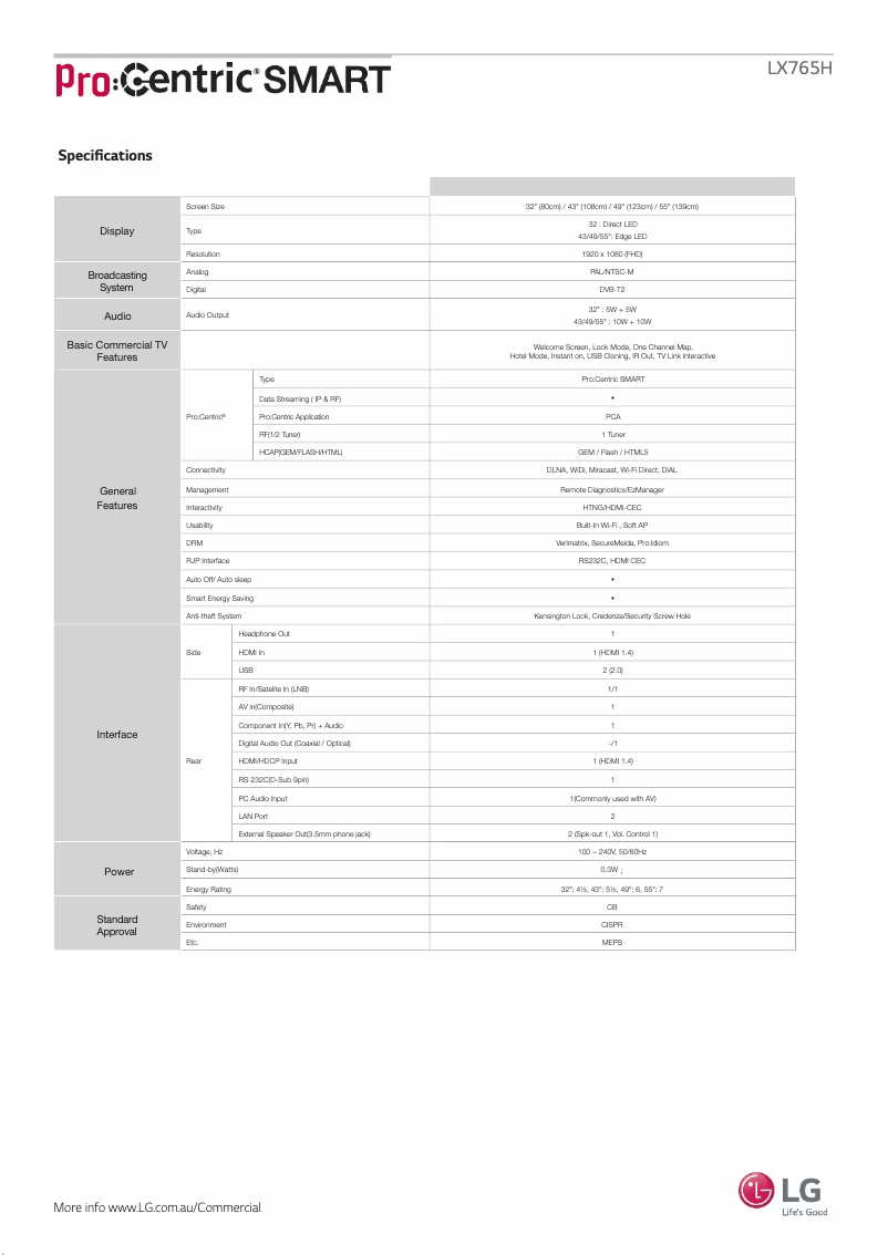 Page 1 de la notice Fiche technique LG 32LX765H