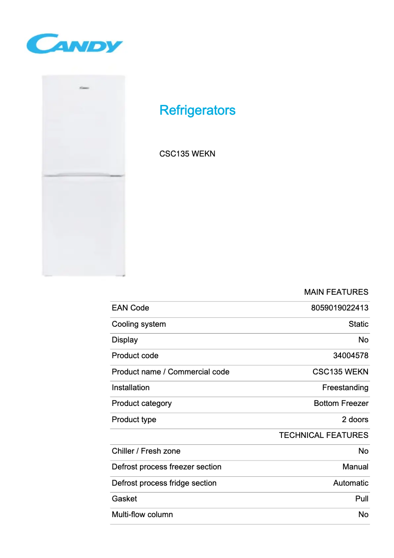 Page 1 de la notice Fiche technique Candy CSC135 WEKN