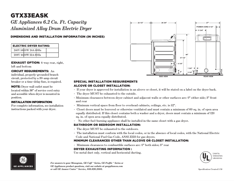 Page 1 de la notice Fiche technique GE GTX42EASJWW