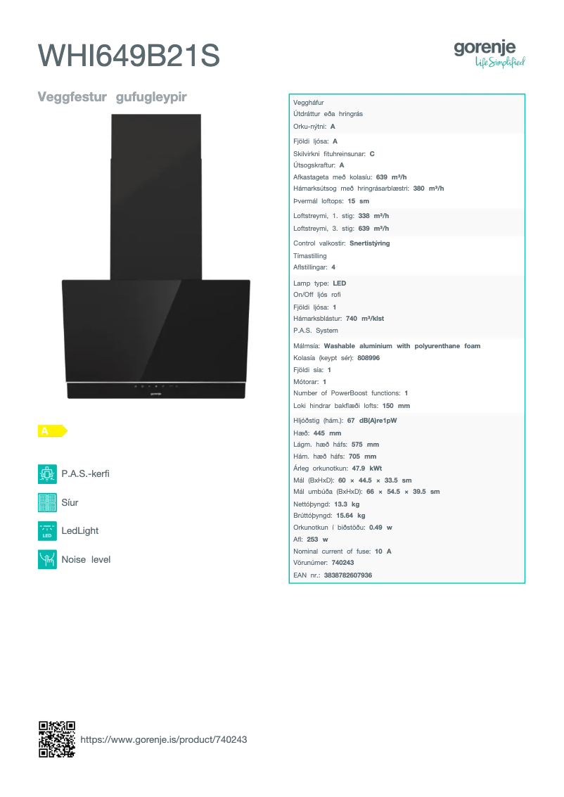 Page 1 de la notice Fiche technique Gorenje WHI649B21S