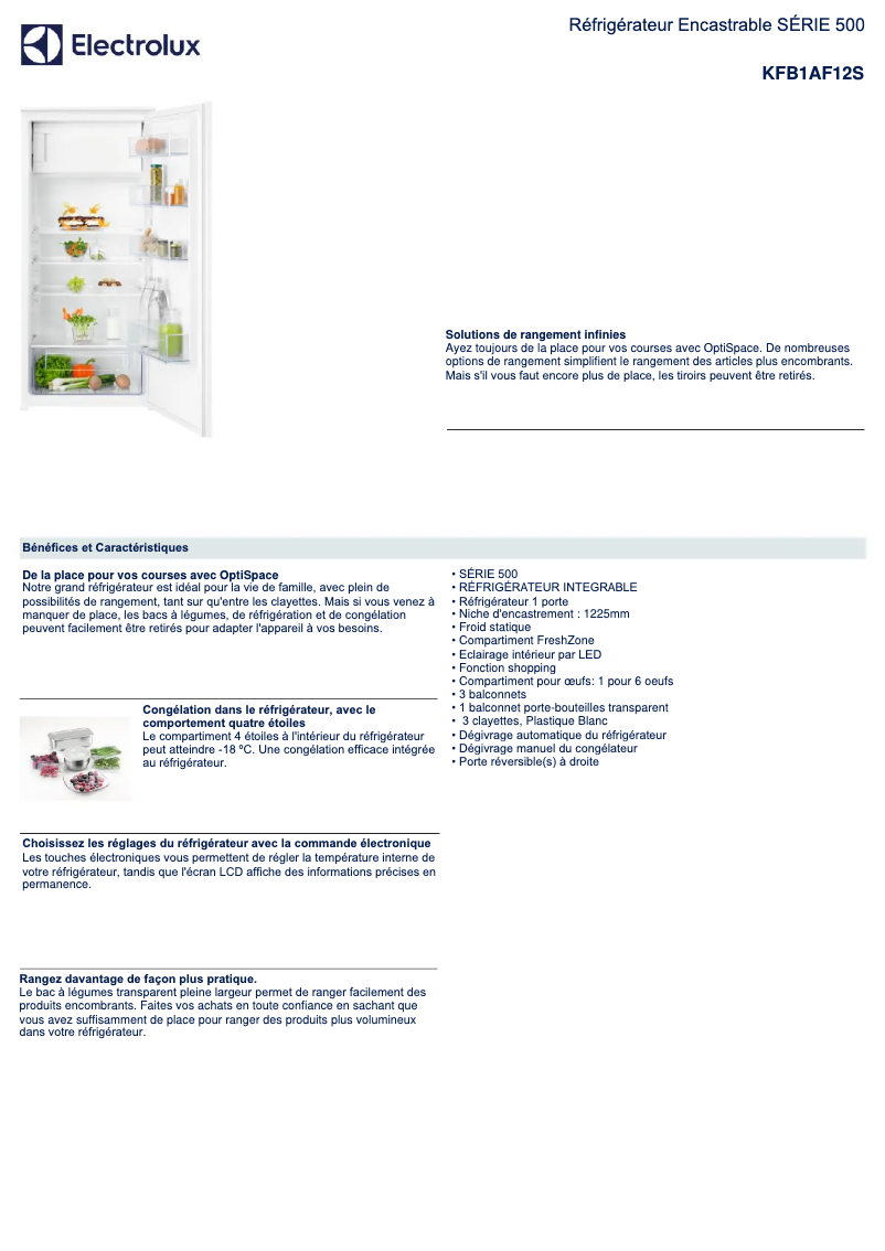 Page 1 de la notice Fiche technique Electrolux KFB1AF12S