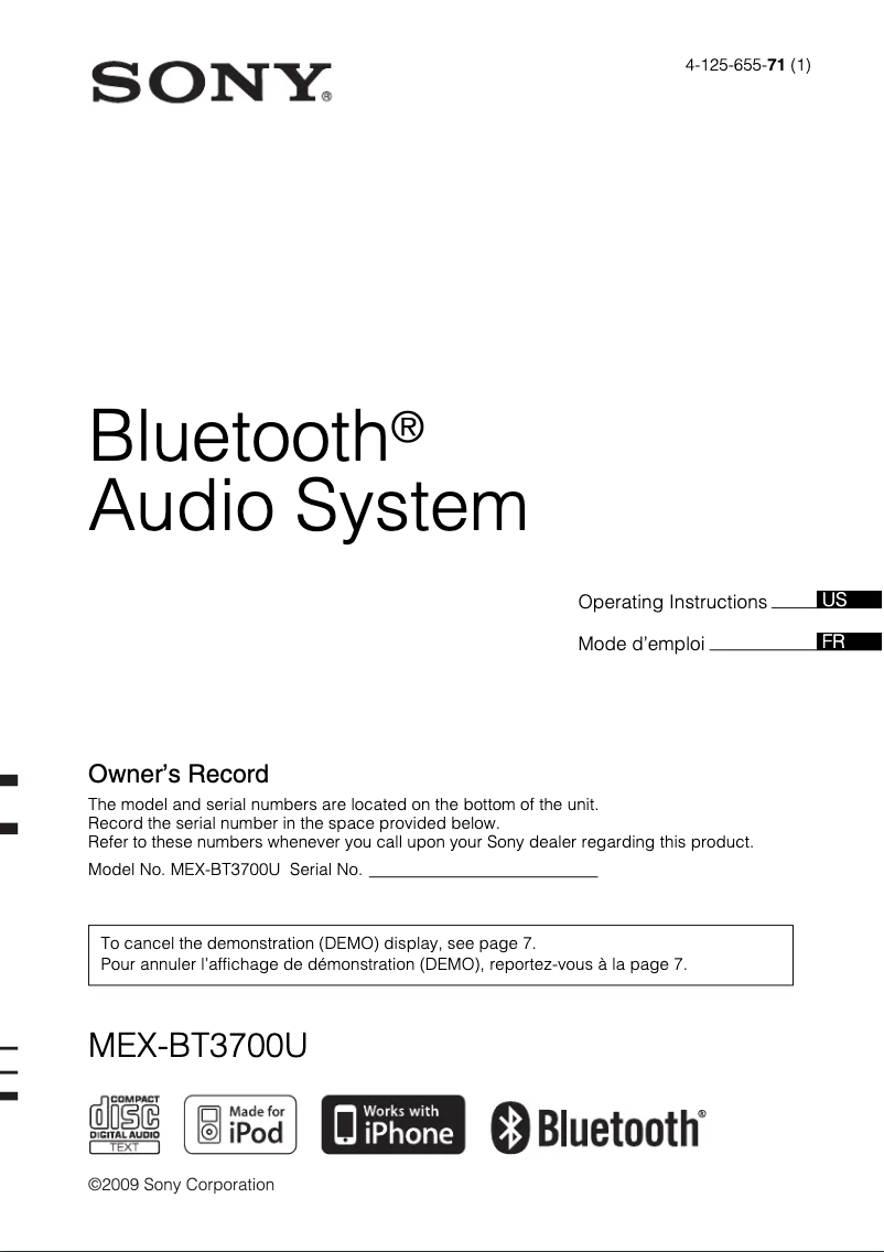 Page n°1 - Manuel utilisateur Sony MEX-BT3700U