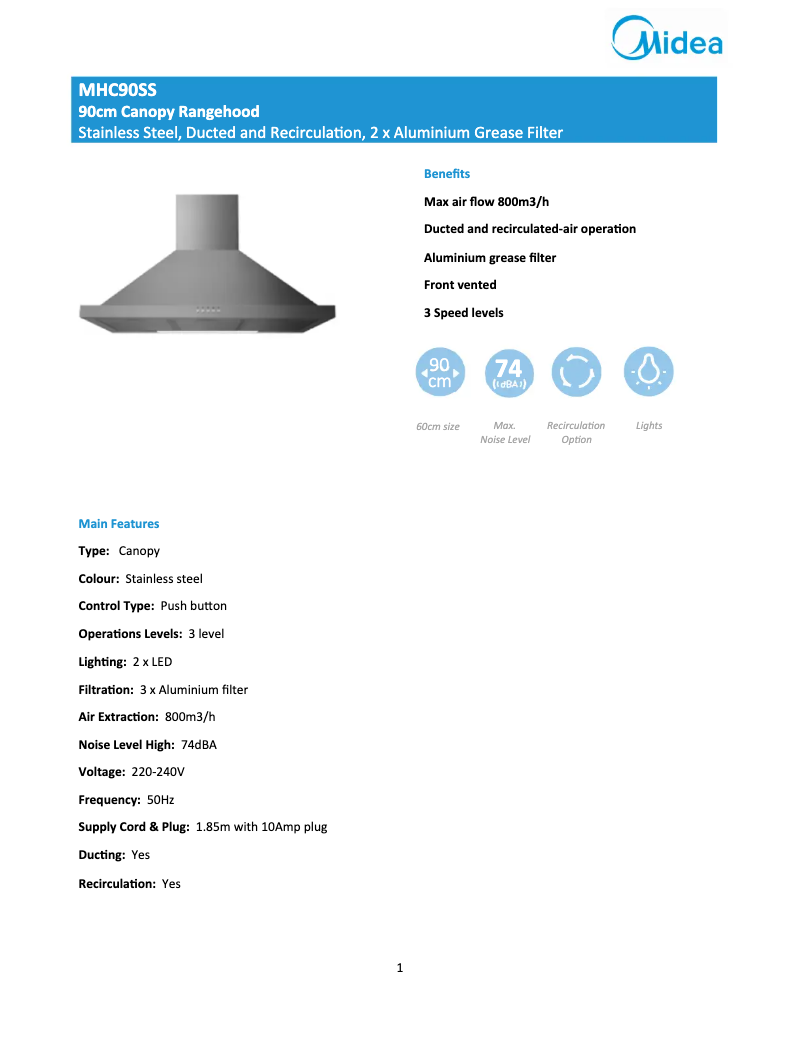 Page n°1 - Fiche technique Midea MHC90SS
