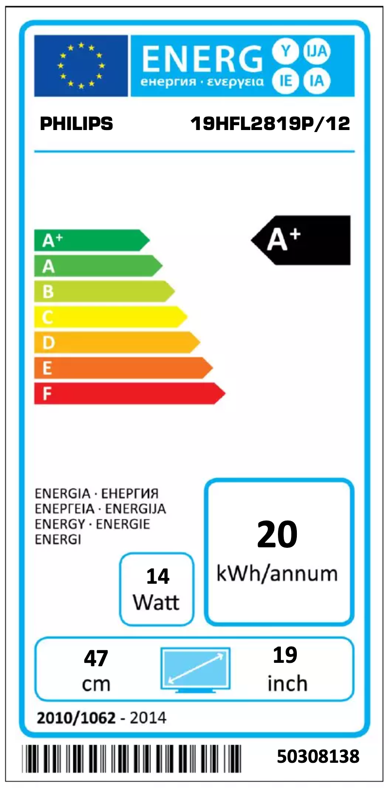 Page n°1 - Label énergétique Philips 19HFL2819P