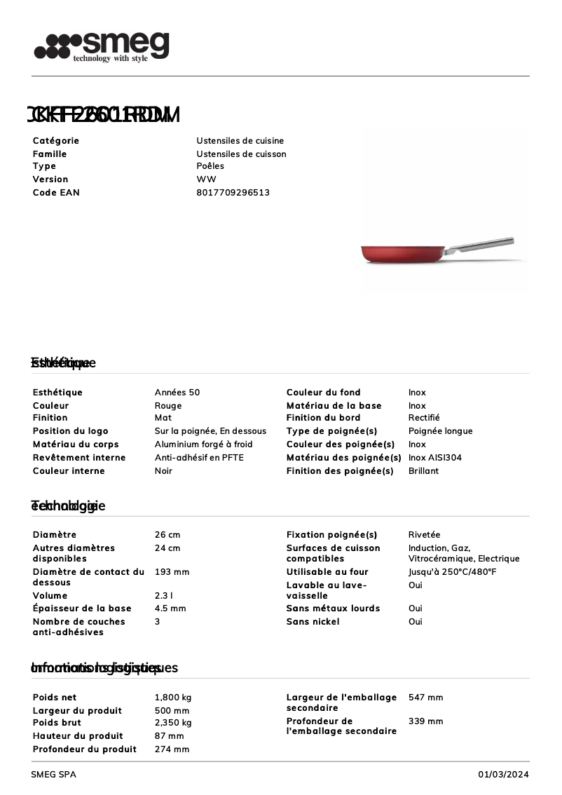 Page 1 de la notice Fiche technique Smeg CKFF2601RDM