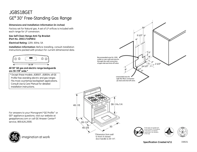 Page n°1 - Fiche technique GE JGBS18TSA