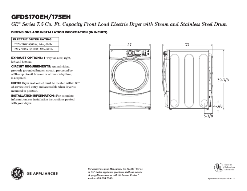 Page n°1 - Fiche technique GE GFDS175EHDG