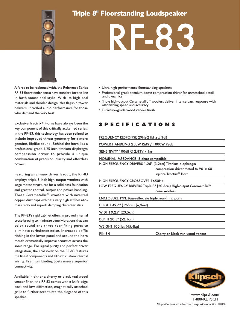 Page 1 de la notice Fiche technique Klipsch RF-83
