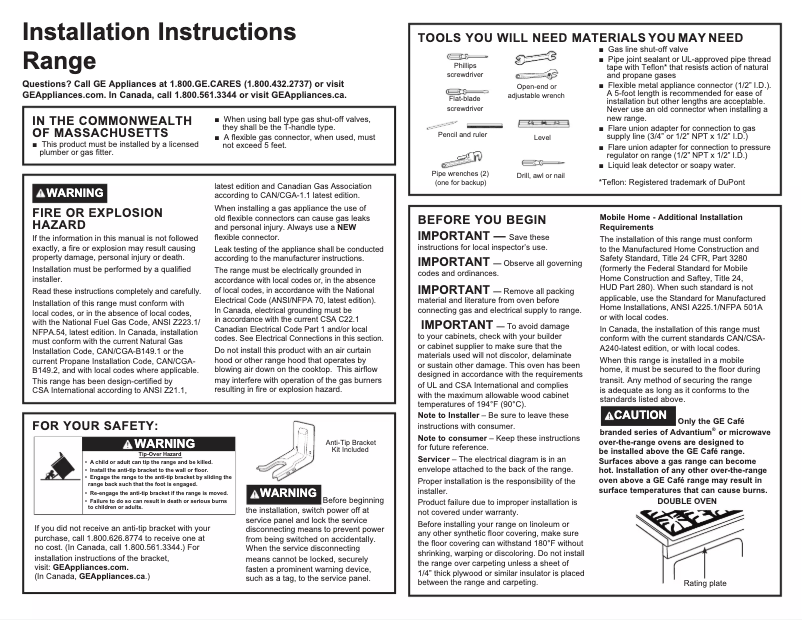 Page 1 de la notice Guide d'installation GE PGS960BELTS
