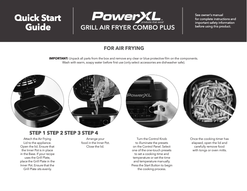 Page 1 de la notice Guide de démarrage rapide PowerXL Grill Air Fryer Combo Plus MFC-AF-6B