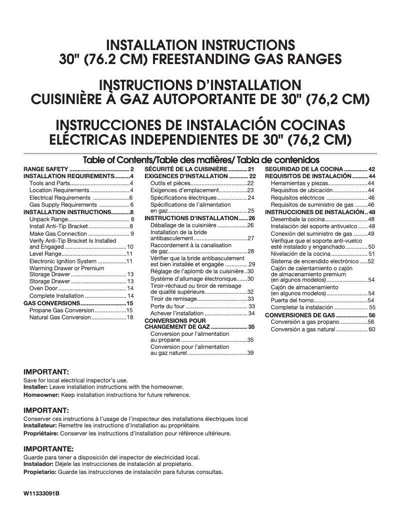 Page 1 de la notice Guide d'installation Whirlpool WFG550S0HV