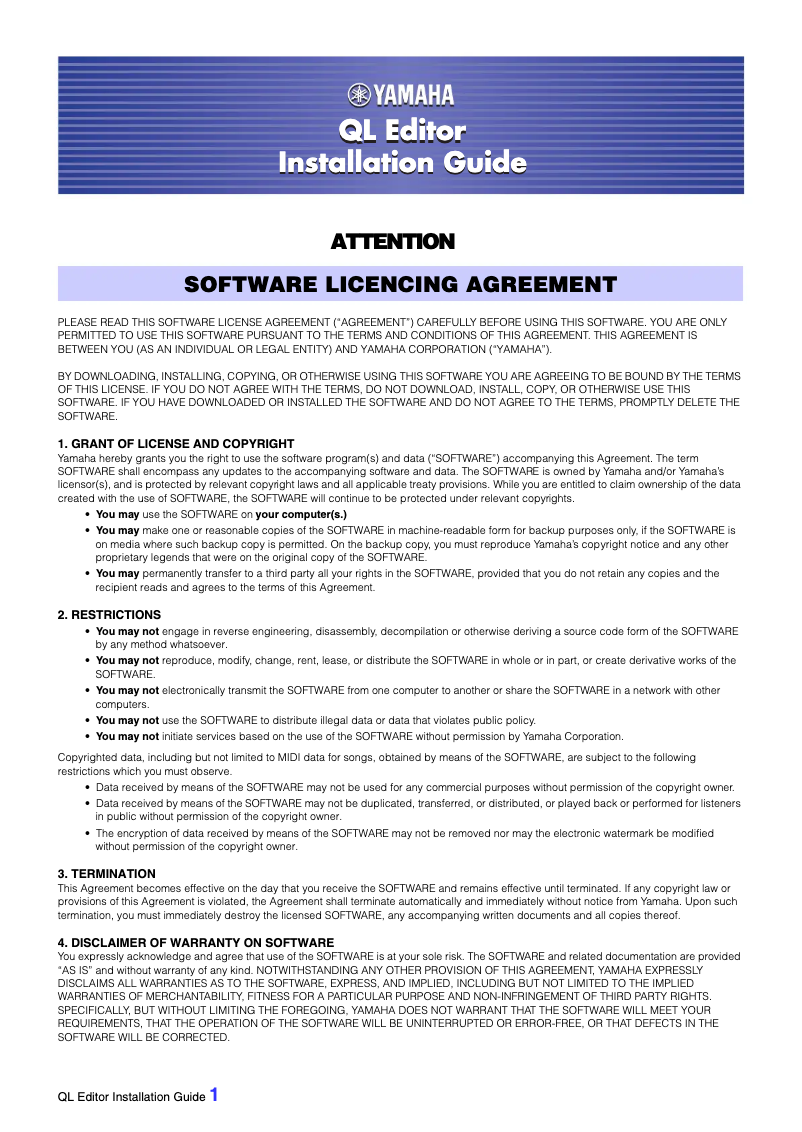 Page n°1 - Guide d'installation Yamaha QL5