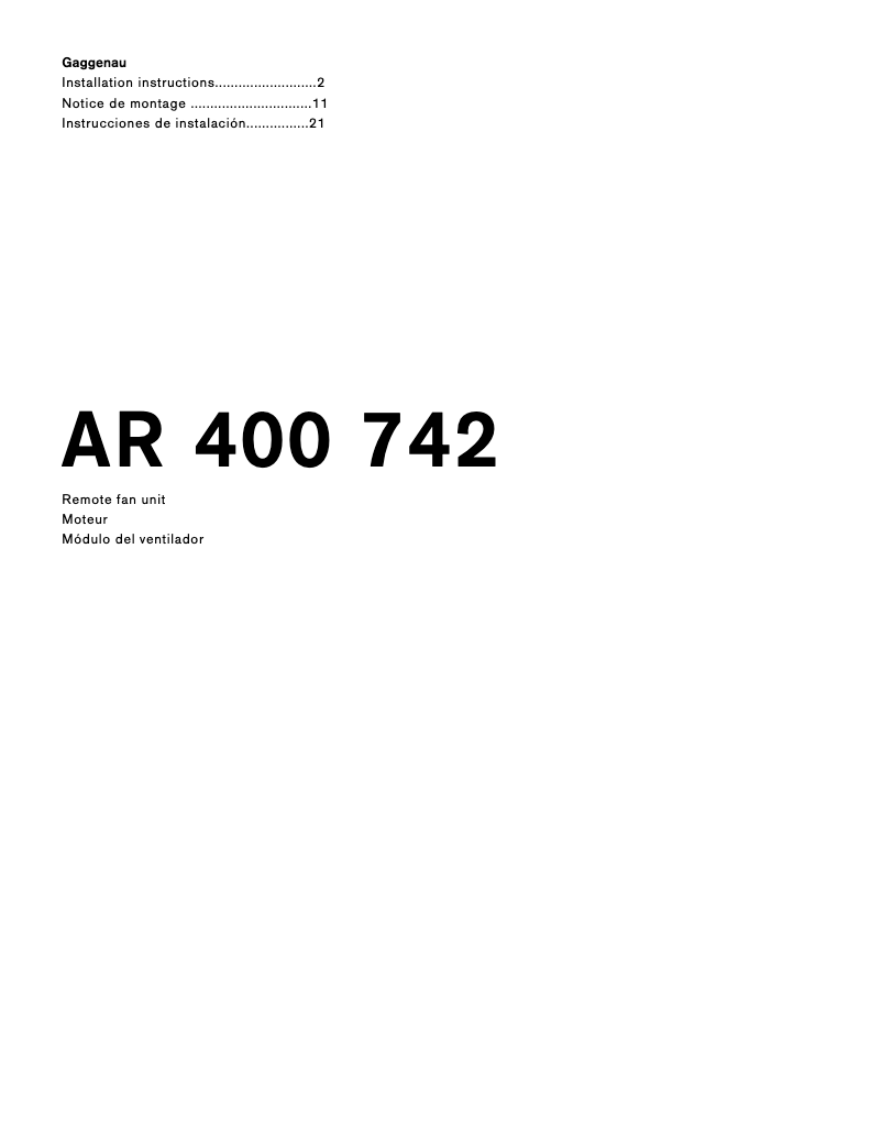 Page n°1 - Guide d'installation Gaggenau AR400742