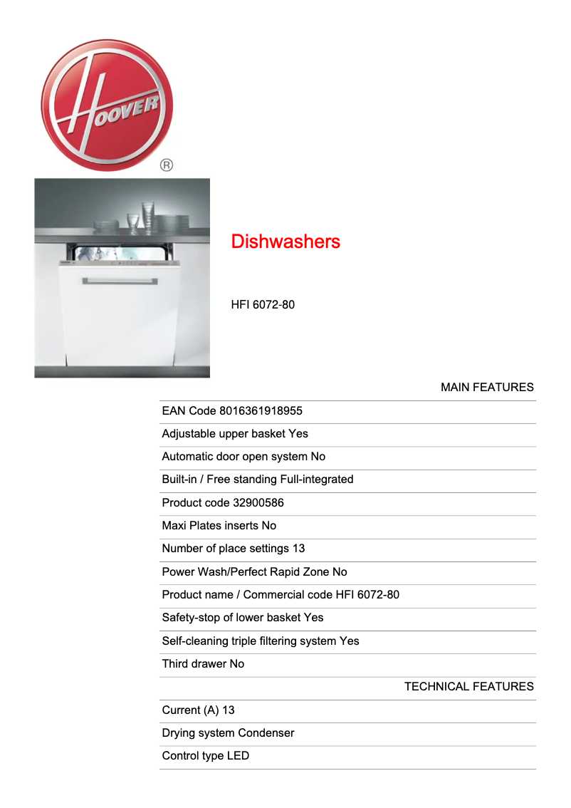 Page n°1 - Fiche technique Hoover HFI 6072-80