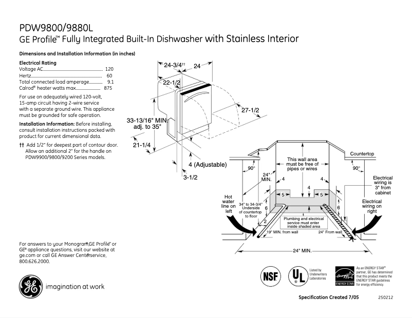 Page 1 de la notice Fiche technique GE Profile PDW9800LBB