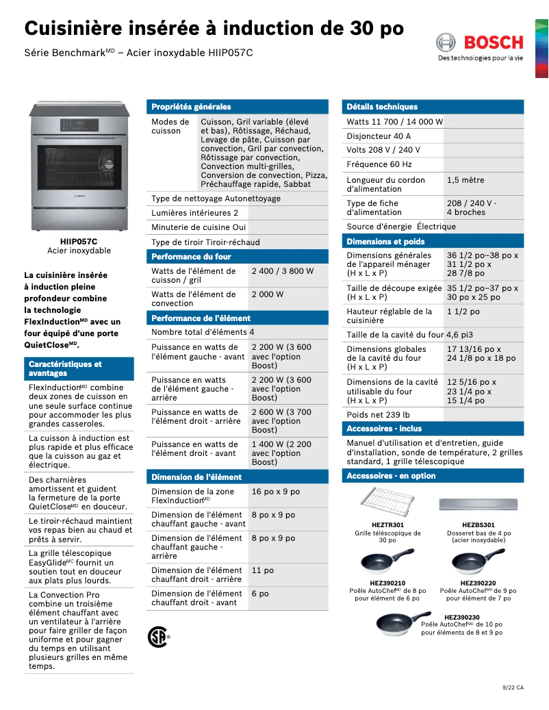 Page 1 de la notice Fiche technique Bosch HIIP057C