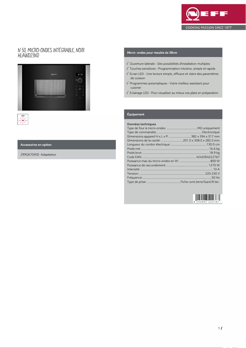 Page 1 de la notice Fiche technique Neff HLAWD23N0