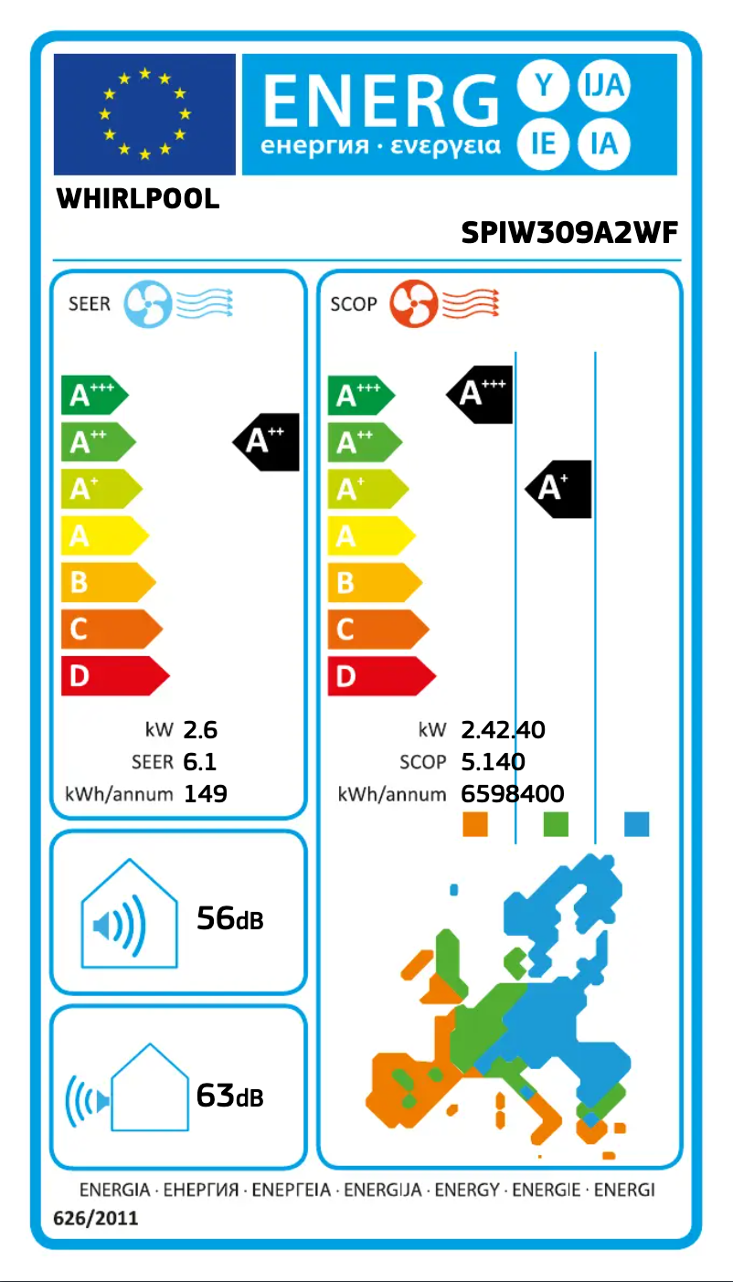 Page 1 de la notice Label énergétique Whirlpool SPIW309A2WF