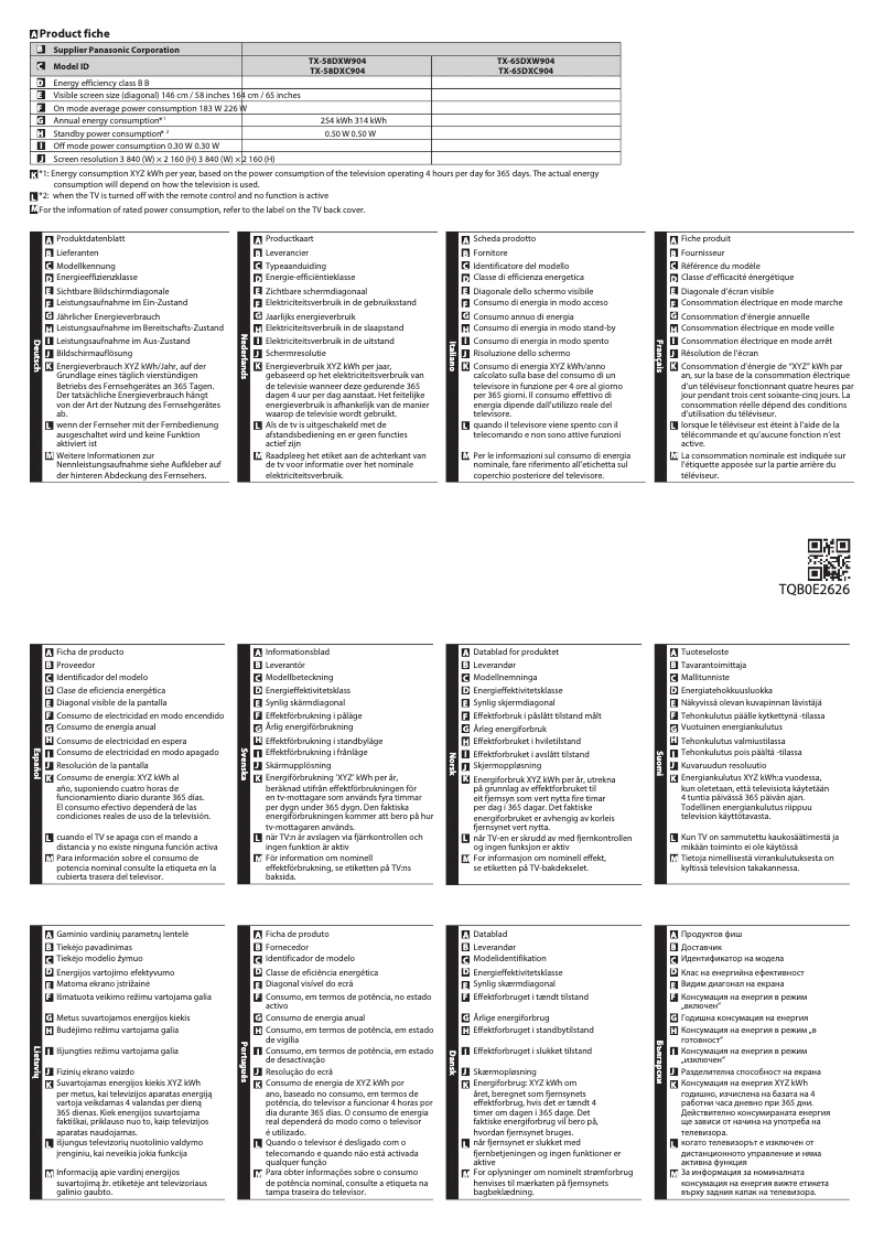 Page 1 de la notice Fiche technique Panasonic TX-58DXW904