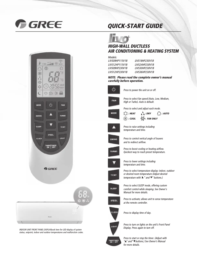 Page 1 de la notice Manuel utilisateur Gree LIVS12HP115V1AH