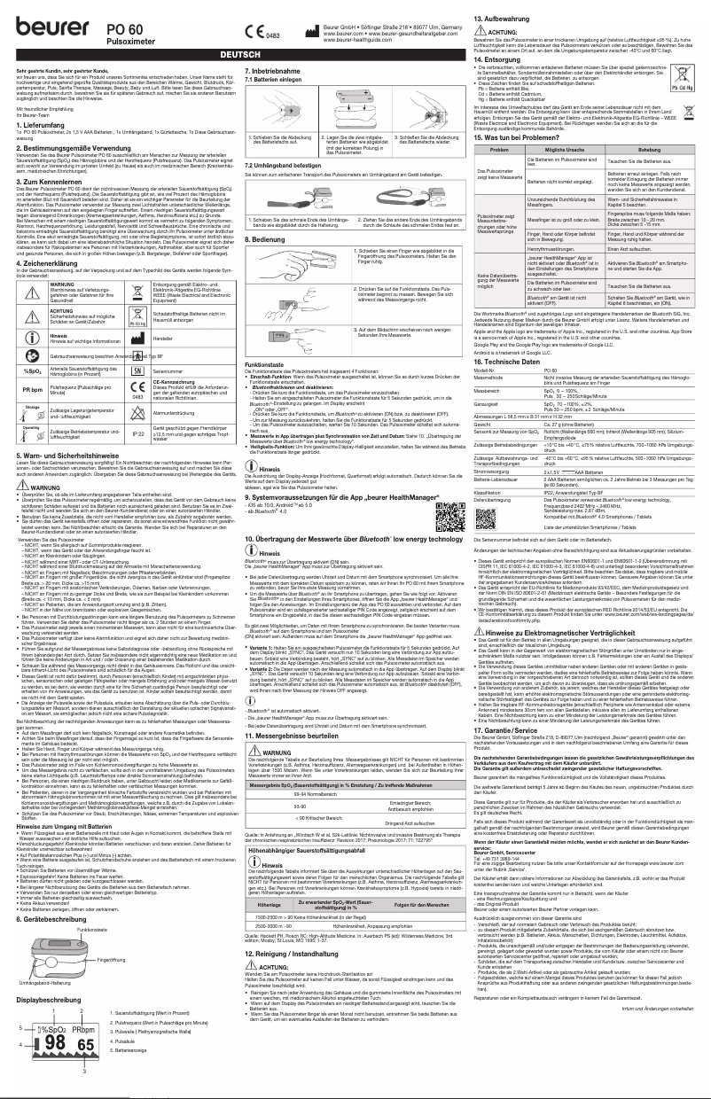 Page n°1 - Manuel d'utilisation et d'entretien Beurer PO 60 Bluetooth