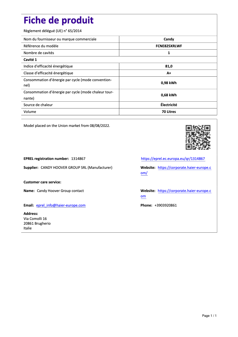 Page 1 de la notice Manuel utilisateur Candy FCNE825XRLWF