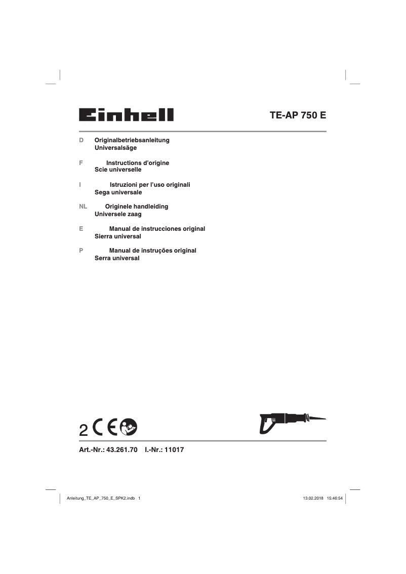 Page 1 de la notice Manuel utilisateur Einhell TE-AP 750