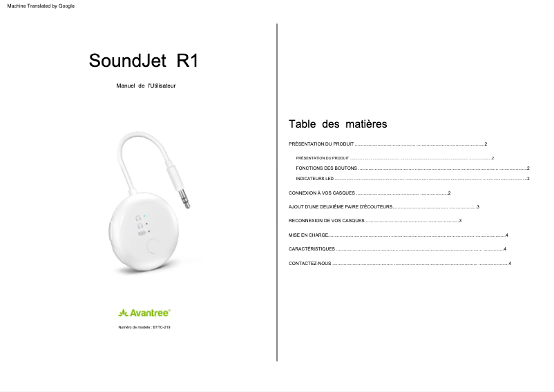Page n°1 - Manuel utilisateur Avantree SoundJet R1