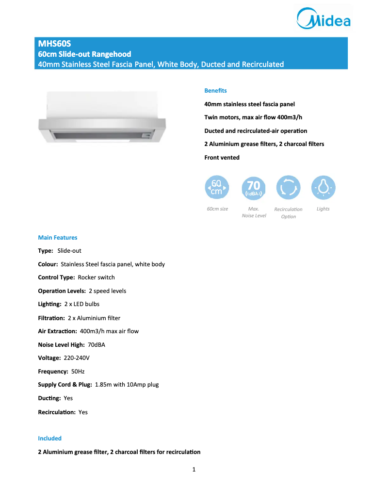 Page 1 de la notice Fiche technique Midea MHS60S
