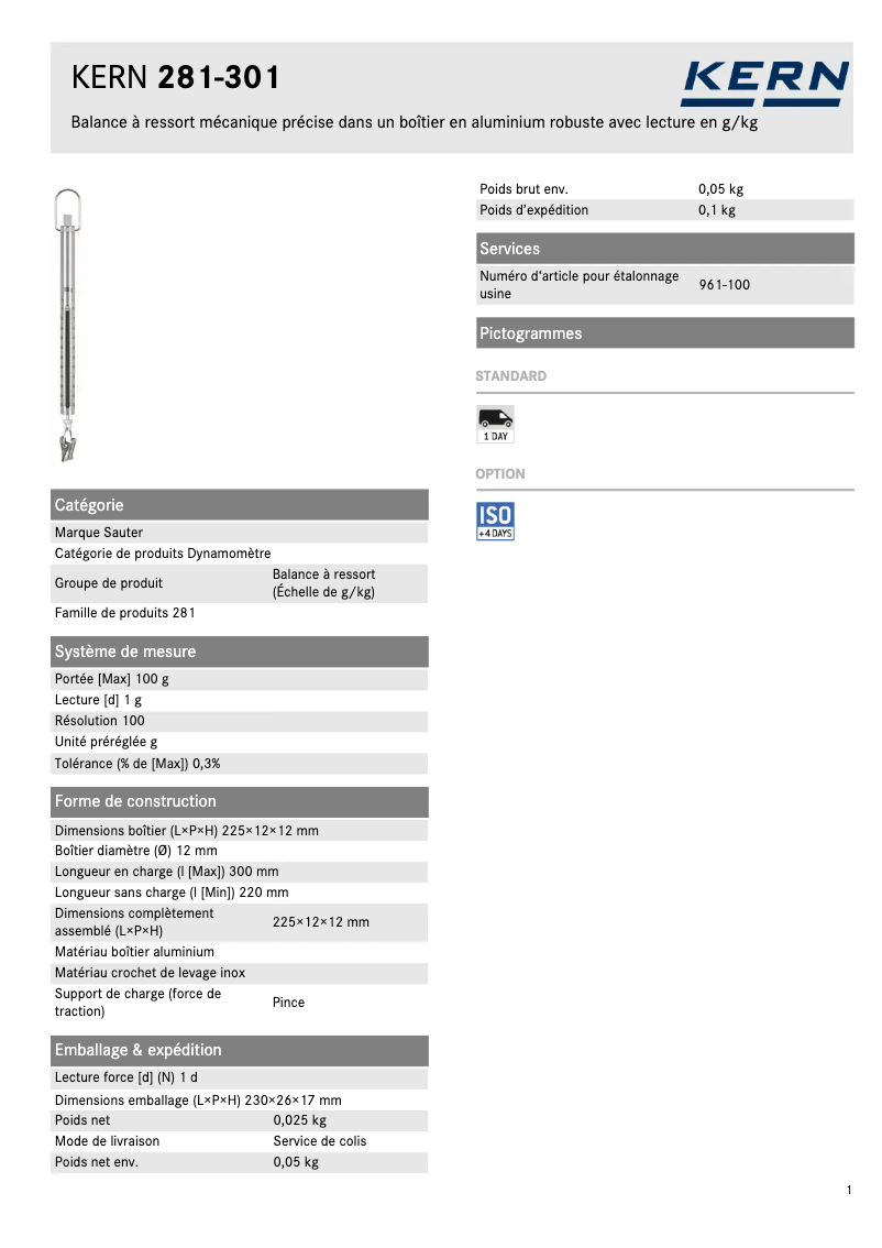 Page n°1 - Fiche technique Kern 281-301