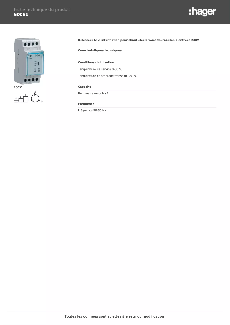 Page n°1 - Fiche technique Hager 60051