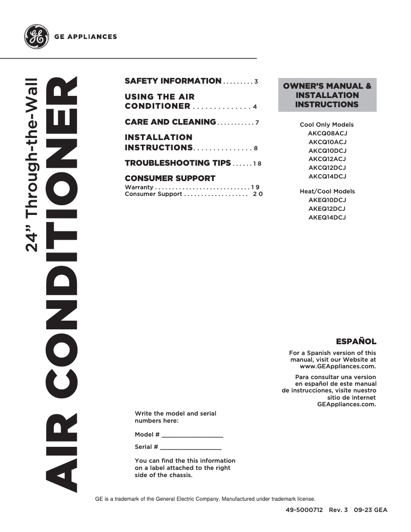 Page n°1 - Guide d'installation GE AKCQ08ACH